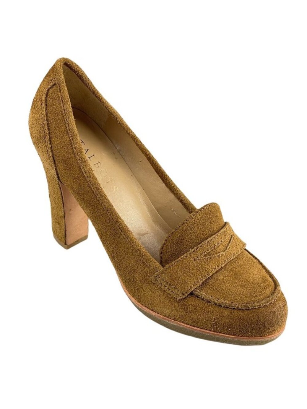 Talbots Suede Heeled Loafers Camel Tan Womens Size 7.5M Chunky Heel Rubber Sole